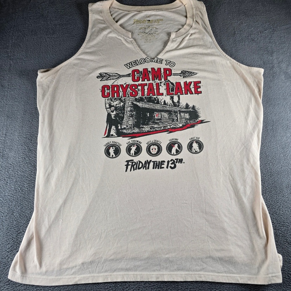 Friday the 13th Camp Crystal Lake Graphic Tank Top Mens Large Beige Jason Horror